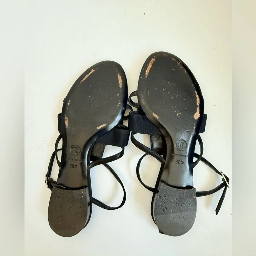 Chanel Black Metallic Grey Pearl stone embellished gladiator flat sandals EU38.5